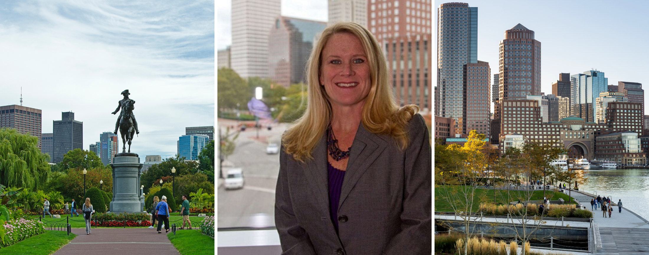 collage of George Washington Statue, Martha Sheridan and Boston Waterfront skyline
